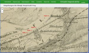 Lokace kaplí č. 2 až 4 dle Lichtensteinovy mapy Prahy a blízkého okolí (1850-62)