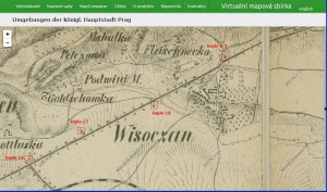 Zobrazení kaplí č. 6 až 9 - Lichtensteinova mapa okolí Prahy (1850 až 62)
